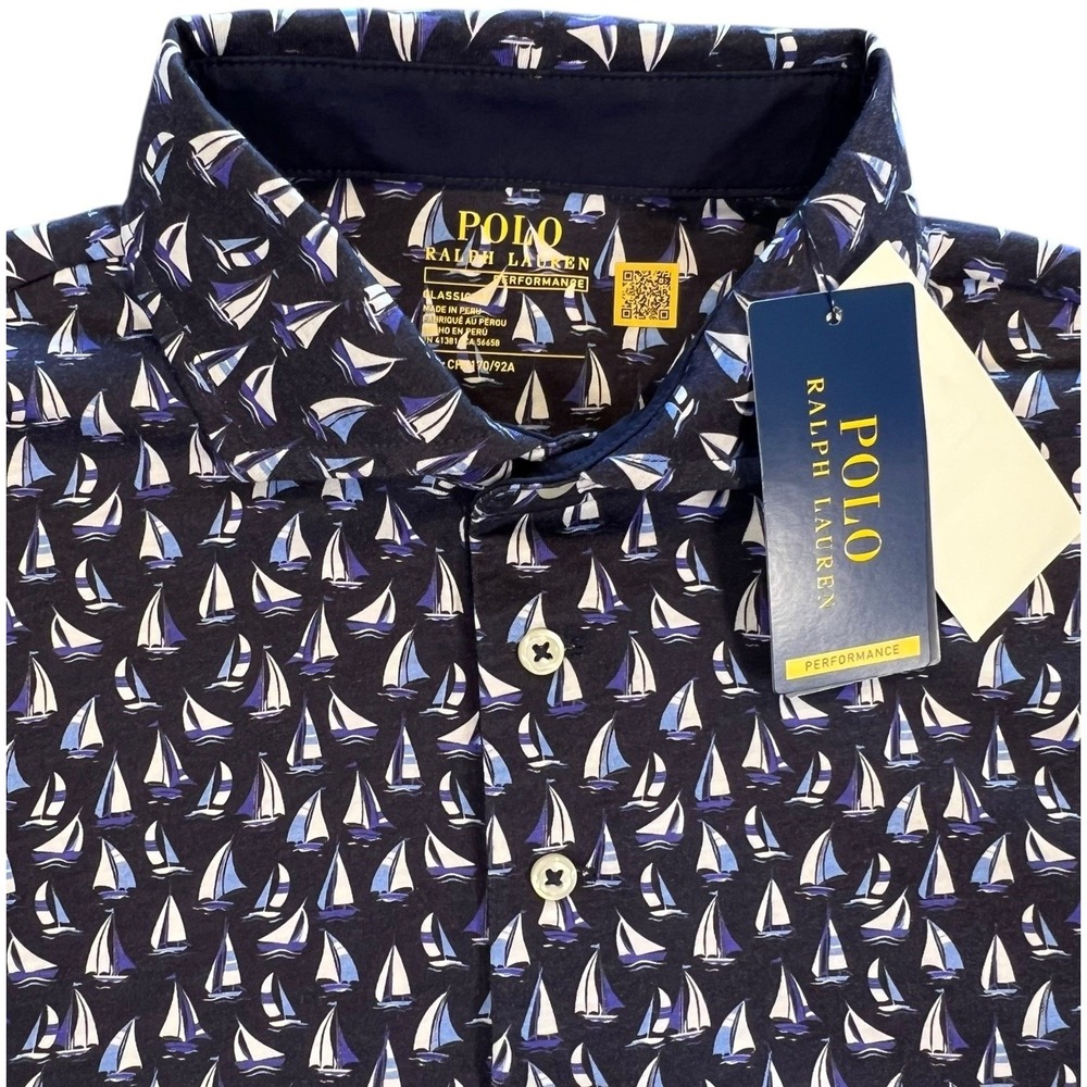 Polo Ralph Lauren Men's Classic Golf Performance Polo Navy Blue Sailboat Small
